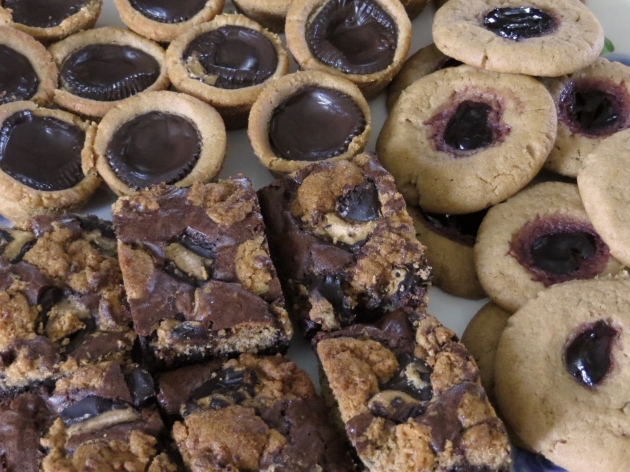Peanut Butter Treats - Clockwise from top left: Chocolate Peanut Butter Cookies Cups, PB&J Cookies, Peanut Butter Cup Brownies